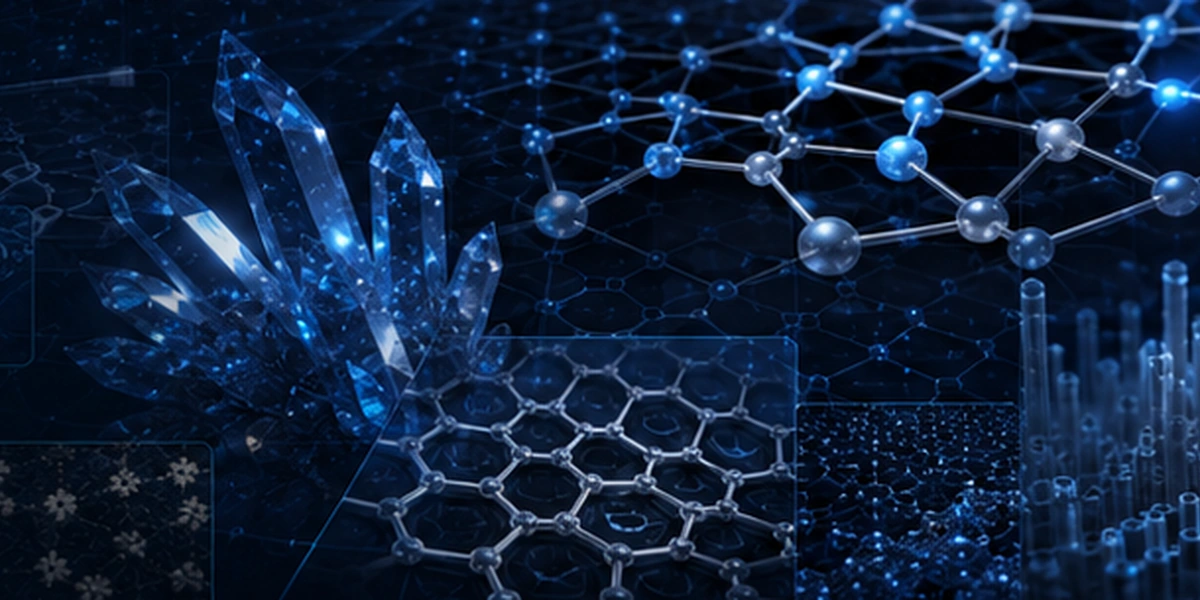Materials Engineering visual reference: crystals, atomic lattice, carbon structures and advanced material systems